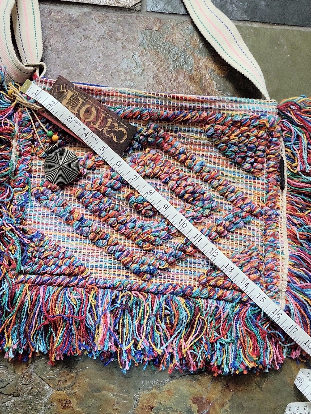 Multicolor Fringe Woven Crossbody Bag with Cream Strap - Picture 12 of 13